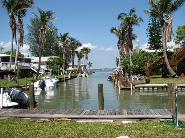 Canal-front homes on Little Gasparilla Island, Florida.