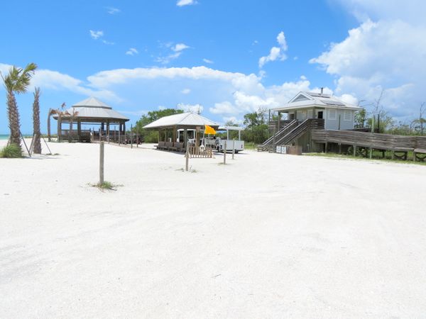 Lover's Key beach gazebo, tram station and restrooms on the beach.