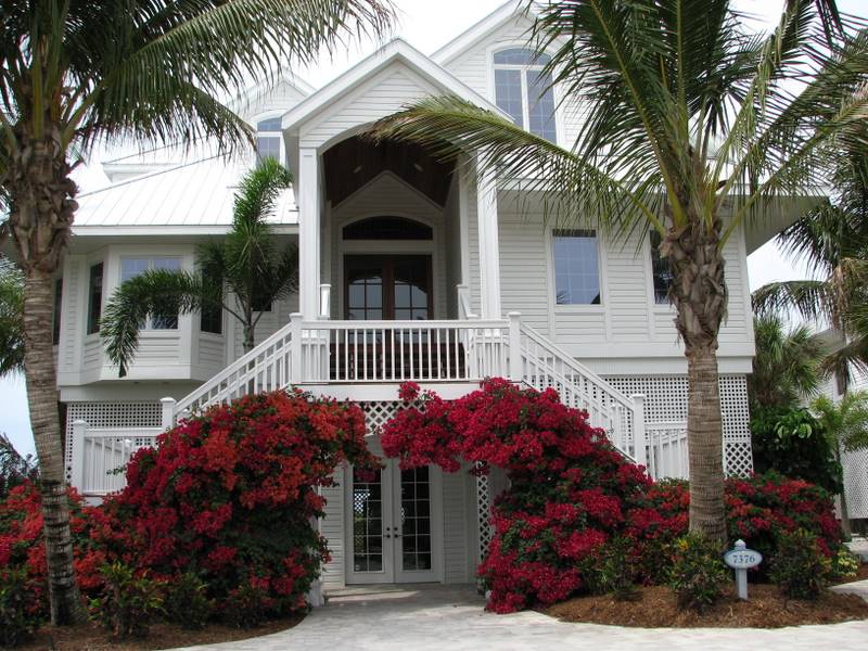 Beach house with bouganvilla on Palm Island, Florida.