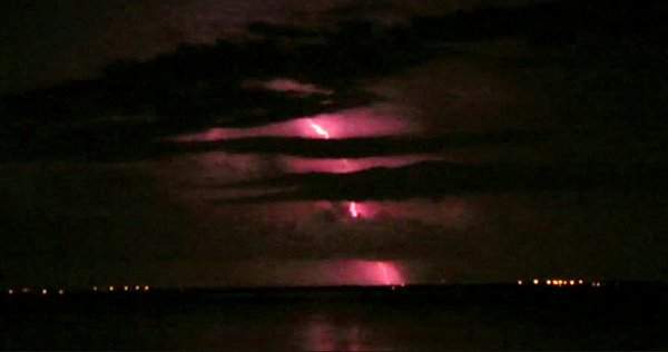 Lightning over Tampa Bay, Florida at night.