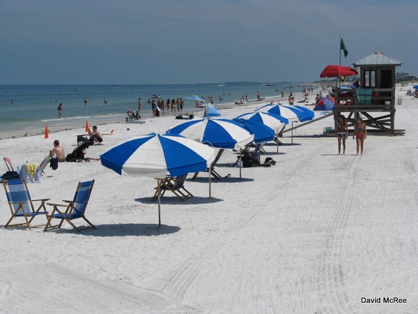 Clearwater Beach with umbrellas and lifeguard